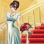 Mujer elegante con vestido celeste y ramo de flores rojas en una escalera dorada