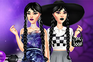Dos mujeres con trenzas negras, una en vestido brillante azul y la otra en atuendo blanco y negro con sombrero grande, posan sobre un fondo púrpura