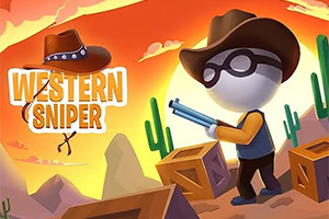 Personaje de estilo caricatura con sombrero vaquero y rifle en un paisaje desértico al atardecer, rodeado de cactus y cajas de madera