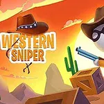 Personaje de estilo caricatura con sombrero vaquero y rifle en un paisaje desértico al atardecer, rodeado de cactus y cajas de madera