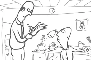 Whack Your Boss Dos hombres en una oficina, uno escribiendo en un bloc mientras el otro observa, con una planta, teléfono y un dibujo de conejo en la pared
