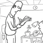 Whack Your Boss Dos hombres en una oficina, uno escribiendo en un bloc mientras el otro observa, con una planta, teléfono y un dibujo de conejo en la pared