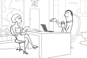 Una ilustración en blanco y negro de una mujer con una tabla y un hombre hablando en una oficina moderna