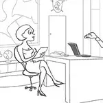 Una ilustración en blanco y negro de una mujer con una tabla y un hombre hablando en una oficina moderna