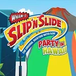 Personaje con cabello largo y rastas en traje de baño junto a un letrero colorido que dice Slip N Slide y Party in Hawaii con una montaña al fondo