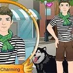 Un hombre animado con camiseta de rayas y pañuelo verde, acompañado de un perro husky, en una escena urbana