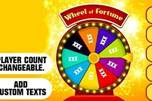 Rueda de colores brillantes con texto Wheel of Fortune en la parte superior, sobre un fondo amarillo con texto adicional a la izquierda