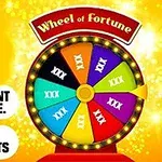 Rueda de colores brillantes con texto Wheel of Fortune en la parte superior, sobre un fondo amarillo con texto adicional a la izquierda