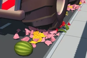 Una llanta aplastando frutas como sandías y limones en una calle