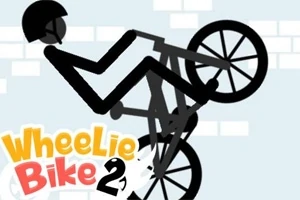 Dibujo de un ciclista de palitos haciendo un caballito en una bicicleta con un fondo de ladrillos y el texto Wheelie Bike 2