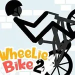 Dibujo de un ciclista de palitos haciendo un caballito en una bicicleta con un fondo de ladrillos y el texto Wheelie Bike 2