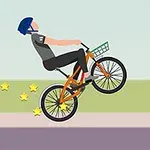 Persona con casco azul realizando un caballito en una bicicleta naranja y negra, con estrellas amarillas detrás