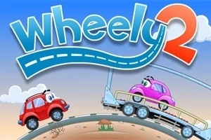 Dibujo de dos autos caricaturizados, uno rojo y otro rosa, en una colina con un cielo azul de fondo y el texto Wheely 2