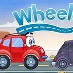 Carros animados rojo y morado con ojos grandes en una carretera, bajo un cielo azul con nubes