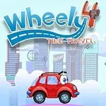 Un auto rojo animado con ojos sobre fondo de una ciudad futurista y el texto Wheely 4 Time Travel en la parte superior