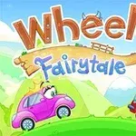 Dos autos caricaturizados, uno rosa con corona y otro rojo con casco de caballero y escudo, en un paisaje verde con colinas y un cielo azul, junto con un letrero grande que dice Wheely 6: Fairytale