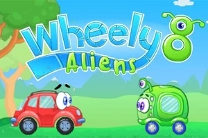 Un auto rojo y un auto alienígena verde con ojos grandes en un paisaje verde con árboles y cielo azul, con el texto Wheely 8: Aliens