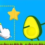 Un aguacate animado y una estrella amarilla junto a una mano dibujada y un sol sonriente sobre un fondo azul