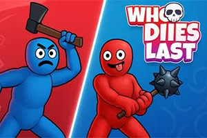 Who Dies Last Dos personajes animados enfrentándose, uno azul con un hacha y expresión enojada, y otro rojo con un mazo y expresión alegre, sobre un fondo dividido en rojo y azul