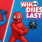 Who Dies Last Dos personajes animados enfrentándose, uno azul con un hacha y expresión enojada, y otro rojo con un mazo y expresión alegre, sobre un fondo dividido en rojo y azul