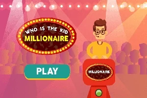 Un escenario colorido de concurso con un personaje masculino junto a un letrero que dice Who is the kid millionaire y un botón verde de juego