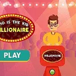 Un escenario colorido de concurso con un personaje masculino junto a un letrero que dice Who is the kid millionaire y un botón verde de juego