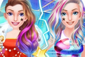 Dos personajes femeninos con cabello colorido y estrellas en el rostro, una lleva un vestido rojo y la otra un atuendo multicolor
