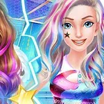 Dos personajes femeninos con cabello colorido y estrellas en el rostro, una lleva un vestido rojo y la otra un atuendo multicolor