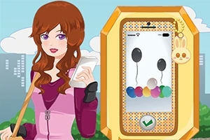 Una chica pelirroja con un teléfono, junto a una pantalla de dispositivo móvil con globos de colores y un fondo de ciudad