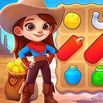 Niña vestida de vaquera con un tablero de juego colorido al fondo, que incluye dinamita, una herradura y bolsas de dinero