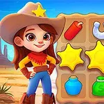 Niña vaquera sonriente con sombrero, fondo del desierto y tablero de juego con estrellas, herradura, dinamita y objetos coloridos