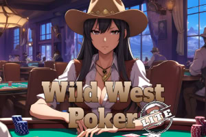 Mujer con sombrero vaquero sentada en una mesa de póker, rodeada de fichas, con un ambiente de salón del oeste