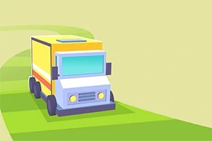 Camión de diseño simplificado y colores brillantes viajando por un camino verde y ondulado