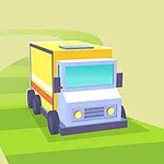 Camión de diseño simplificado y colores brillantes viajando por un camino verde y ondulado