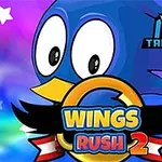 Personaje azul tipo pájaro con ojos grandes sobre fondo colorido y el texto Wings Rush 2 en el centro