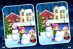 Dos imágenes de paisajes invernales con niños haciendo muñecos de nieve y casas nevadas de fondo