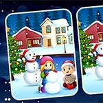 Dos imágenes de paisajes invernales con niños haciendo muñecos de nieve y casas nevadas de fondo