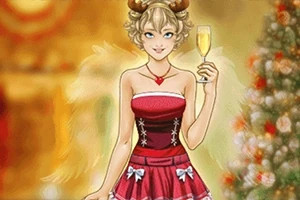 Mujer joven con vestido rojo navideño, alas, cuernos de reno y copa de champán, con árbol de Navidad al fondo