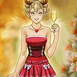 Mujer joven con vestido rojo navideño, alas, cuernos de reno y copa de champán, con árbol de Navidad al fondo