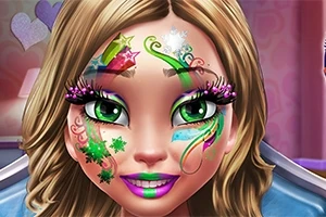 Una cara sonriente de una persona con maquillaje colorido y diseños de estrellas y remolinos en la frente y mejillas