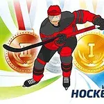 Jugador de hockey sobre hielo en ropa roja y negra sosteniendo un palo, con medallas de bronce y oro al fondo