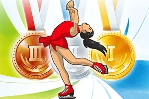 Patinadora artístico con vestido rojo en pose elegante frente a medallas de oro, plata y bronce