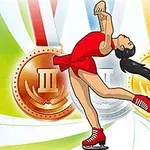 Patinadora artístico con vestido rojo en pose elegante frente a medallas de oro, plata y bronce