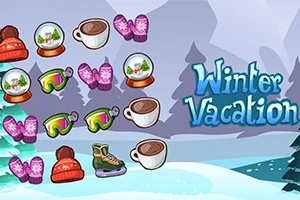 Ilustración con elementos invernales como bolas de nieve, chocolate caliente, guantes, gorros, patines y goggles sobre un fondo nevado con el texto Winter Vacation