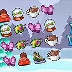 Ilustración con elementos invernales como bolas de nieve, chocolate caliente, guantes, gorros, patines y goggles sobre un fondo nevado con el texto Winter Vacation