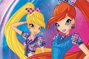 Dos personajes animados con cabello largo y colorido, vistiendo atuendos a cuadros, posan sonriendo frente a un fondo brillante y colorido