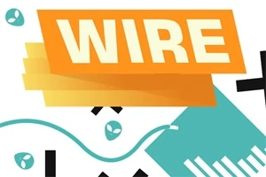Texto WIRE en letras grandes sobre un fondo con figuras geométricas y colores variados