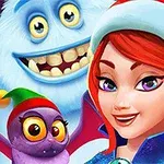 Personaje con cabello rojo y gorro navideño junto a un monstruo peludo y un búho pequeño con sombrero de duende