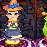 Una joven bruja con sombrero naranja y un caldero junto a una criatura verde de aspecto amistoso en un ambiente decorado con calabazas y símbolos mágicos