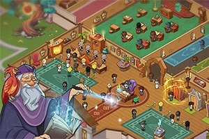 Escena de una escuela de magia con personajes dibujados, un mago anciano con sombrero y una varita en primer plano, y varias aulas en el fondo